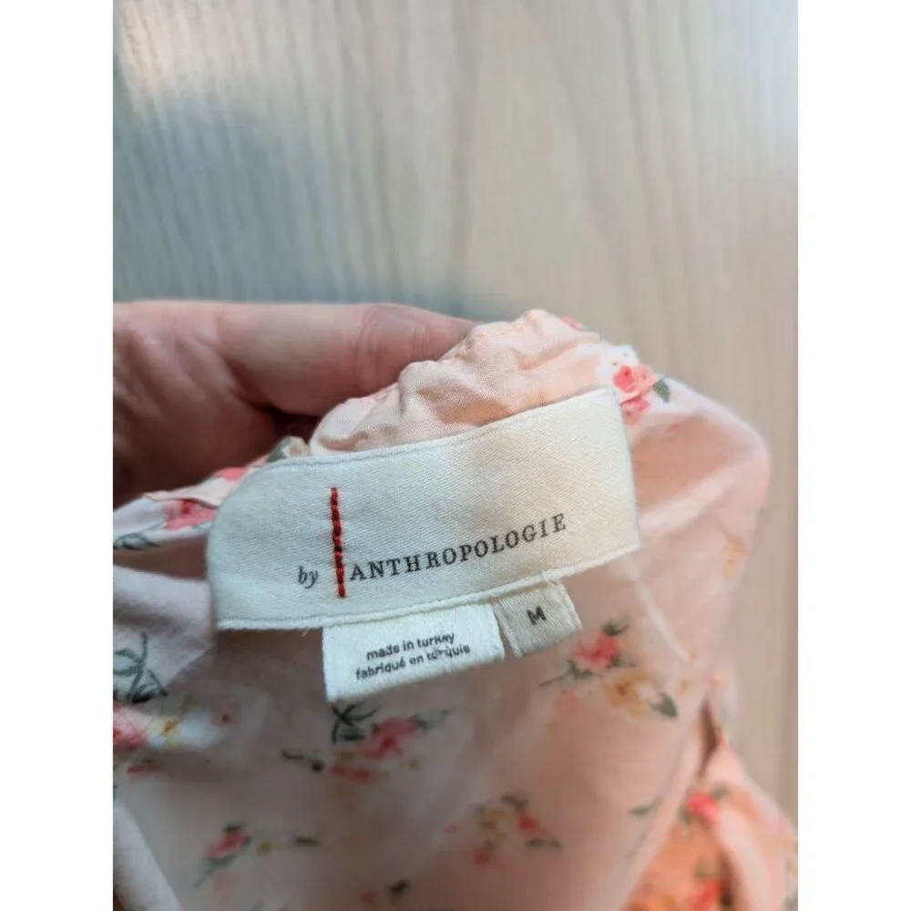 Anthropologie Cropped Bubble Sleeve Blouse Pink Floral Tie Back Medium - Picture 8 of 8